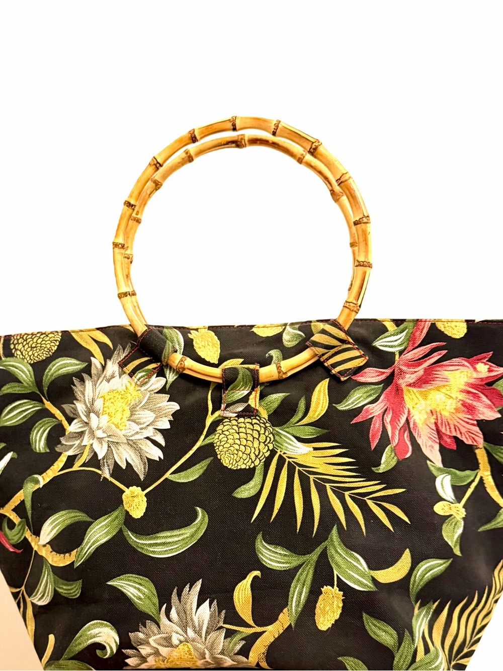 Bagalous Tropical Floral Bamboo Tote Bag w/ Bamboo Handles - Picture 1 of 7